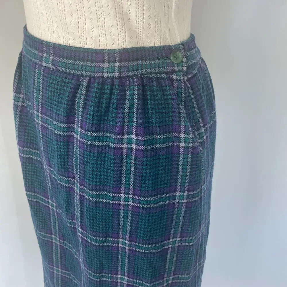 Vintage Pendleton Pencil Skirt Size 12 Blue Purple Tartan Plaid Wool Academia